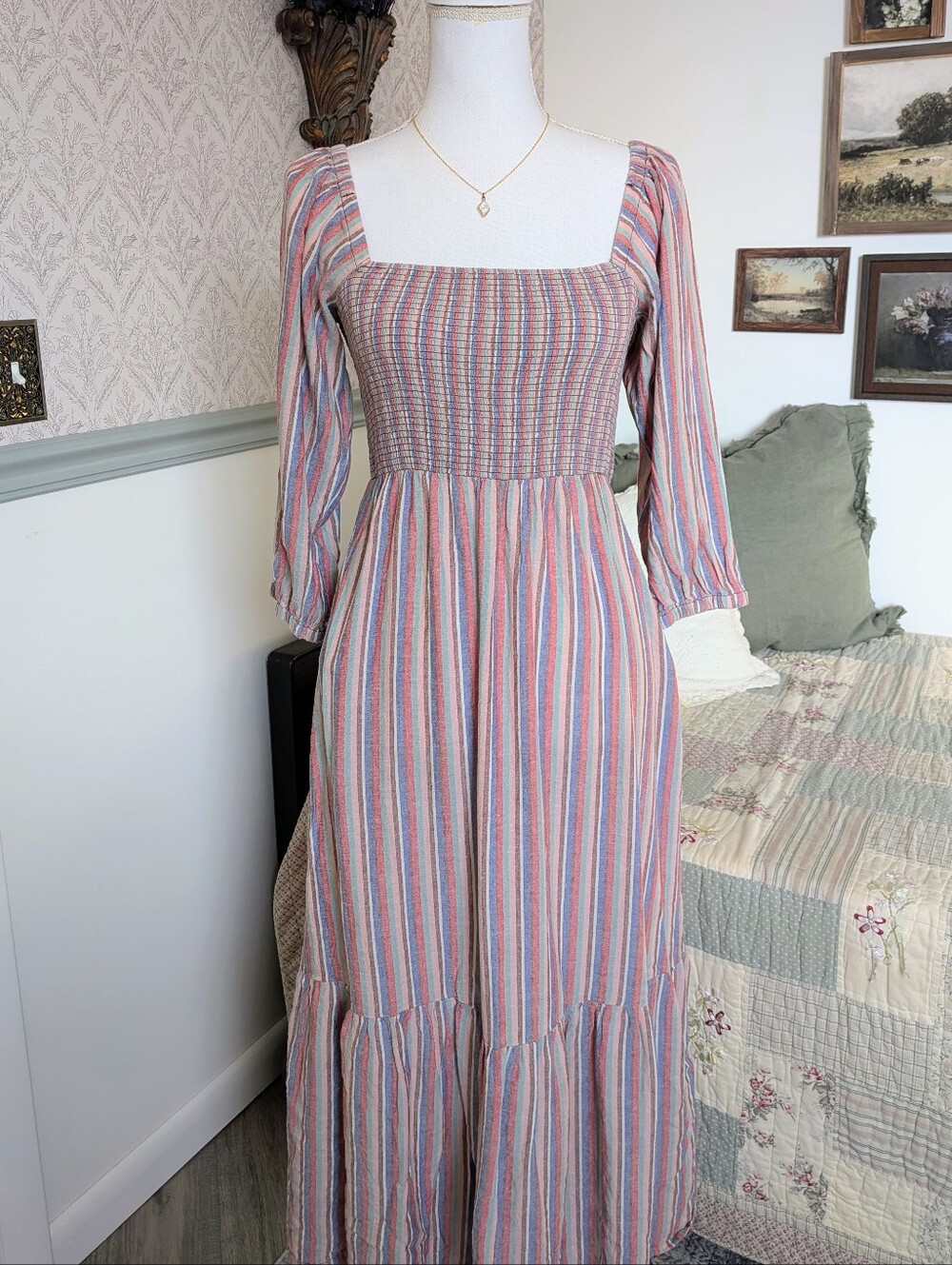 Marine Layer Stripe Smocked Midi Dress Tencel Linen Square Neck Size S